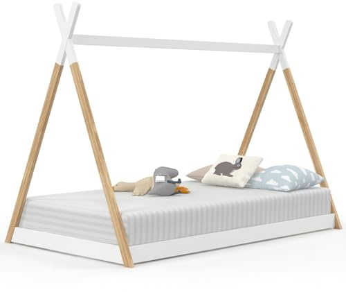 IDMarket - Tipi Kinderbett 90 x 190 cm Come mit Lattenrost aus Holz und Weiß