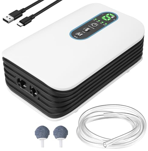 Bomba de aire para acuario, bomba de oxígeno recargable de 2600 mAh con doble salida, 2 modos y flujo de 3 l/min, bomba de acuario ultrasilenciosa para pesca, cortes de energía, funcionamiento con USB