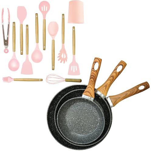 AEX 3-Piece Non-Stick Frying Pan Set (20cm, 24cm, 28cm) with Wooden Handles & 12-Piece Heat-Resistant Silicone Kitchen Utensil Set with Holder, Pastel Pink – Complete Cooking Bundle for All Hobs