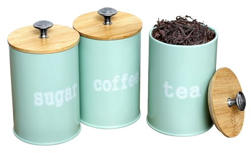 3Pcs Tea Coffee Sugar Canisters 9.5×15.5cm Metal Kitchen Storage Set with Airtight Bamboo Lid Countertop Round Food Storage Containers Pots Jars Decorative Tins for Beans Flour Spice(Green)