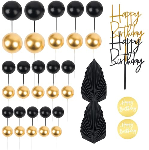 36 PCS Black and Gold Cake Topper Decoration Set – Foam Balls, Black Palm Leaves & Birthday Picks – Elegant Cake Decorations for Wedding, Anniversary, Party