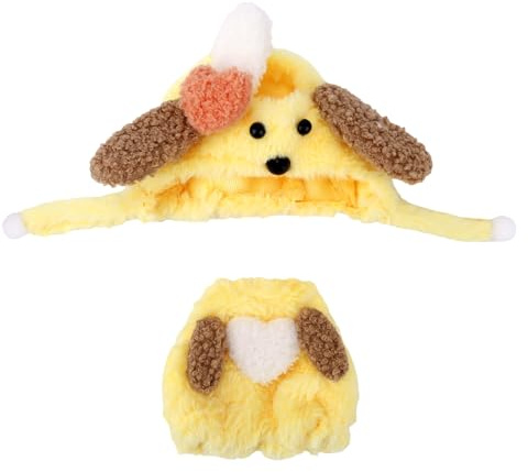 Set di Abbigliamento per Pupazzo Cane, Stile Cane Vestiti Bambole di Peluche Tuta a Uncinetto con Cappello Carino Accessori Tema Animale per Figurina di 17cm (Giallo)