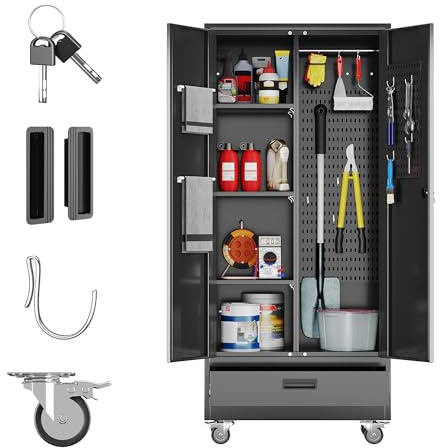 JAORD Broom Closet Storage Cabinet with Wheels and Drawer,Garage Storage Cabinet with Doors,Pegboard and Adjustable Shelves for Garage Home,Required Assembly,Black,15.75 D x 31.5 W x 70.83 H