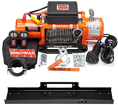 WINCHMAX 13,500lb (6,123kg) Original Orange 12v Electric Winch. 28m x 11mm Dyneema Synthetic Rope, 3/8 Inch Hook,Flat Bed Mounting Plate.