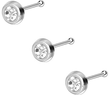 PIERCINGLINE 3er SET 925er STERLING SILBER Nasenpiercing RUNDER KRISTALL Piercing Nase Stecker