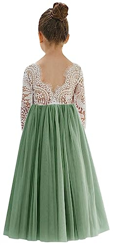 2Bunnies Girl Peony Lace Back A-Line Straight Tutu Tulle Party Flower Girl Dress (Sage Sleeve Maxi, 6)