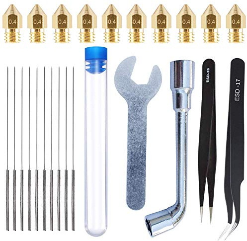 DollaTek 25pcs kit d'outils d'impression 3D, buse 10pcs 0.4mm + aiguille de nettoyage 10pcs 0.35mm + pince à épiler 2pcs + clé 2pcs pour buse d'imprimante 3D MK8