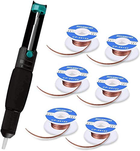 Entlötpumpe Set, 7 Stück Entlötpumpe und Lötdocht Kit für Entfernen von Lötdochten, 1 Entlötpumpe& 6 Entlötlitze Lötdocht (2,5 mm Breite, 1,5 m Länge)