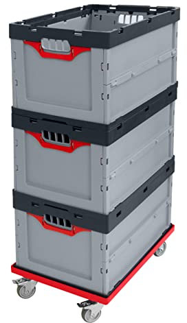 Auer Faltbox FB 64/27 3er Set mit rotem Rollwagen, 60x40x27cm - 56L | Eurobehälter Lagerbox Lebensmittelbox Kunststoffbox Aufbewahrungsbehälter Transportbox Kommissionierbox Stapelbox