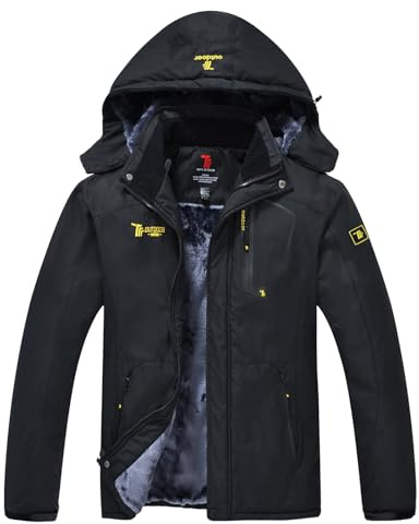 YSENTO Herren Skijacke Winterjacke Softshelljack Wasserdicht Warm Gefüttert Outdoor Funktionsjacke mit Abnehmbarer Kapuze(Schwarz,XL)