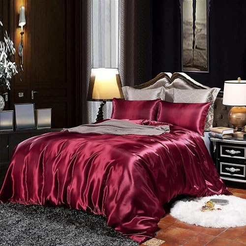 Homewish Hotell vinröd påslakan kung silke som satin sängkläder set sommar vändbart täcke täcke skydd smekmånad sexig lyxig mjuk lätt borstad överkast för bondgård rum dekor