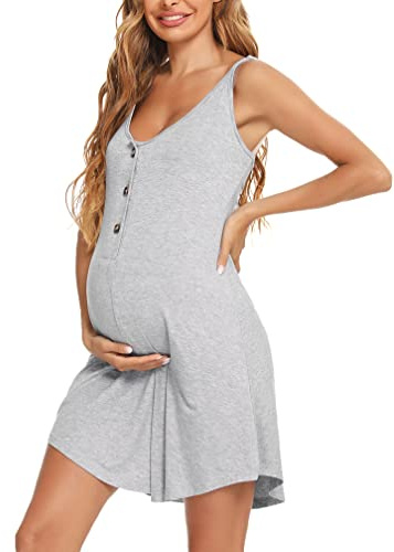 Aseniza Women's Maternity Nightdress Nursing Pregnancy Sleeveless Grey