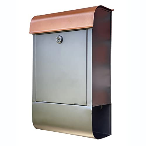 NACH Dominion Modern Lockable Mailbox with Built-in Newspaper Holder, Wall Mount Mailboxes for Outside with Max Rust Protection, Black and Brown, 16x10x4.5 in, MB-8000LK