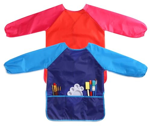 JurciCat 2 piezas Babi Escolar Infantil Bata Pintura Niños Delantal Infantil Bata Plastico Niños 3-7 años niña/niño para la escuela pintura artística comer actividad de laboratorio (Azul + Rosa)
