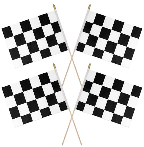 4uds 20x28cm Bandera a Cuadros en Palo, Blanco y Negro Bandera Carreras con Parte Superior Lanza Reutilizable NASCAR Bandera Coches Carreras Cumpleaños Infantil Suministros Fiestas Temáticas