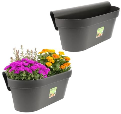 2X Geländerkasten Balkon mit Wasserspeicher Blumentopf Zaun Blumenkasten Geländer Balkontopf Balkonkasten Anthrazit 49 x 21 x 23 (H) cm Außenbereich