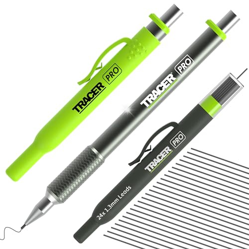 Tracer Pro-serien precisionspenna med 24 x ersättning 1,3 mm ledningar och platshölster. Allt-i-ett aluminium precisionsmärkningssats