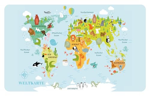 Lineo® Schreibtischunterlage für Kinder; Weltkarte Kinderweltkarte Kinderschreibtisch-Unterlage Malunterlage wasserfeste Tischunterlage Tischmatte Deskpad (70x40 cm)