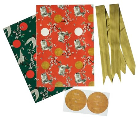 Grupo Erik Geschenkpapier Set Japan Geschenkpapier Schleifen und Aufkleber Packpapier - 2 Geschenkpapierbögen 50 x 70 cm Geschenkpapier Weihnachten oder Geschenkpapier Geburtstag