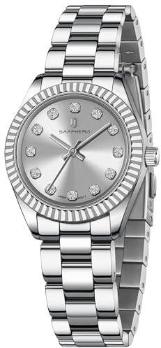 SAPPHERO Armbanduhr Damen Analog Quarz Damenuhr mit Edelstahlarmband 30mm Gehäusegröße Kristall Dekoration 5ATM Wasserdicht Uhr Geschenk für Damen Erhältlich aus Mehrfarbig
