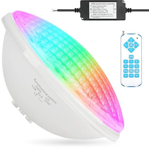 KWODE 54W LED Illuminazione Piscina PAR56, 12V RGB Timing 2/4/6H Luce Impermeabile, Sincronizzazione Esterna con Telecomando, IP68 Impermeabile Lampada Piscina con Telecomando (1 pezzo)