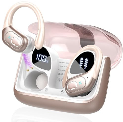 STECEi Kopfhörer Sport, 2025 in Ear Kopfhörer Kabellos Bluetooth 5.4 mit HD Mic, 75Std HiFi Stereo Bluetooth Kopfhörer mit Ohrhaken, Comfort Fit, IP7 wasserdichte Ohrhörer für Sport, Roségold
