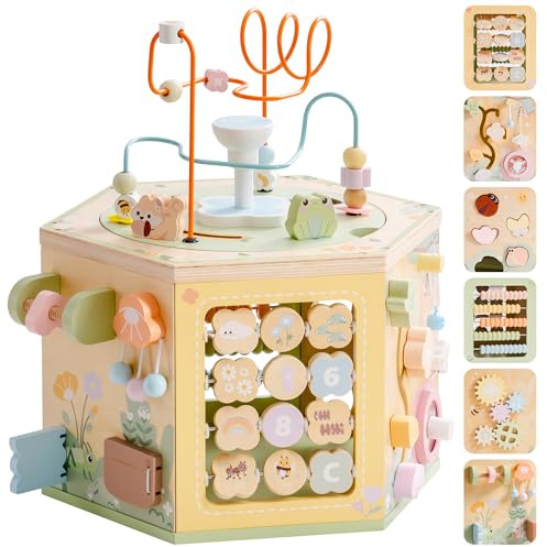 ROBOTIME Wooden Activity Cube for Toddlers, 13 in 1 Montessori Baby Activity Cube, Baby Play Cube Toy with Educational Features, Gift Wooden Cube Toy for Boys & Girls - 1 Year +