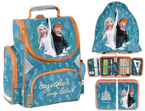 Ebaxx Schulranzen Set 3 teilig Tornister Mädchen Türkis Frozen Anna ELSA