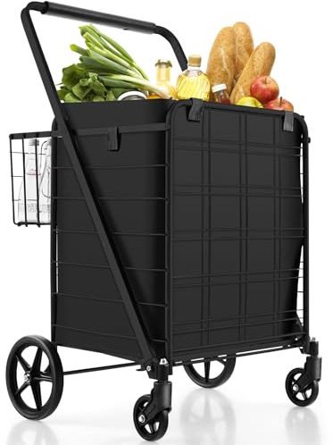 GYMAX Carro de la Compra Plegable de 126l, Carro de Supermercado con 4 Ruedas, 2 Cestas, Bolsa Oxford Impermeable Extraíble, Carga Máxima 150kg, Ideal para IR de Compras (Negro)