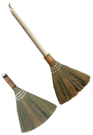 Mikinona 2pcs Hand Woven Bamboo Brooms for Home Cleaning, Portable Rustic Wooden Miscanthus Floor and Desktop Dust Brooms, Low Maintenance Multi-use Cleaner for Kitchen and Living Room