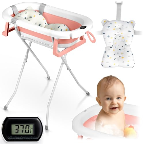 Ricokids Baby Badewanne Babywanne mit Gestell Thermometer und Badekissen - Faltbar Leicht Rutschfest - Weiß Rosa