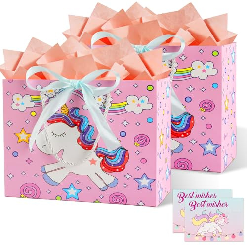 Bomtop Lot de 2 Sacs Cadeau avec Anse, Sachet Cadeau Anniversaire avec Dessin Animé, Boite Cadeaux en Papier avec Ruban d'Arc, Pochette Emballage Cadeaux pour Anniversaire, Mariages, Noël, Fête (Rose)