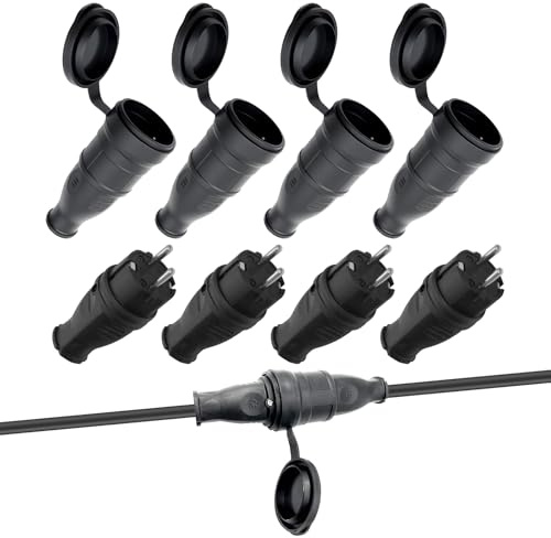 Set di 8 connettori Schuko, spina con contatto di protezione, con protezione antipiega, spina Schuko per esterni da 0,5 – 3 cm², IP44, 250 V, 16 A, 4000 W