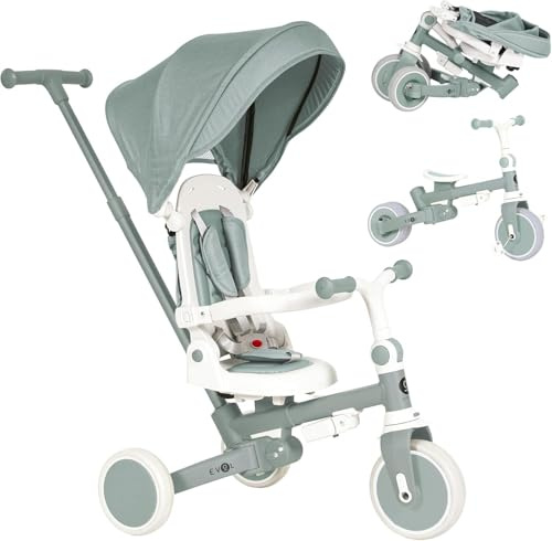Olmitos - Triciclo Evolutivo de Bebé 5 en 1 EVOL - Bicicleta Niños de 1 año hasta 25 Kg - De Triciclo a Bicicleta con o sin Pedales – Respaldo, Barra Seguridad y Capota (Menta)