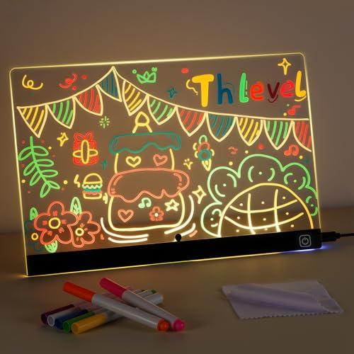 Thlevel Tablero Acrílico Luminoso de Mensajes LED con 7 Colores Bolígrafo Tablero de Notas LED Limpiable 30x20cm Pizarra de Dibujo LED