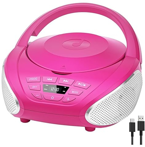 Gueray Lecteur CD Portable Boombox Radio CD Compact avec Haut-Parleurs Stéréo Radio FM Entrée AUX 3,5 mm Jack Casque et Écran LCD pour Intérieur Extérieur Voyage & Livres Audio(Rose + Argent)