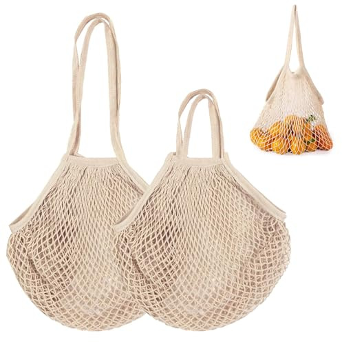 VNIDJGB 2 Pcs Grocery String Bags,Beige Reusable Cotton String Bag,Portable Eco-Friendly Portable Mesh Produce Bags,Lightweight Grocery Shopping Bag,for Storage Outgoing Travel,Vegetables(2 Sizes)