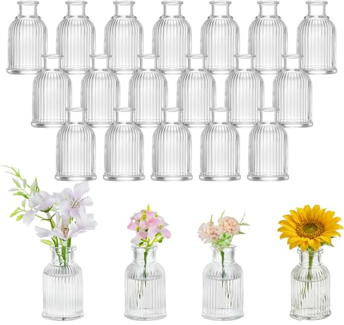 SGZIOO Förpackning med 20 små vaser för bordsdekoration, 50 ml små glasvaser, gamla blomvaser, små 7 cm höga, minivaser set för bordsdekoration, bröllop, födelsedag, fest, vardagsrum