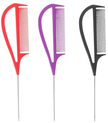 Set 3 Peines de Púa Metálica Acero Inoxidable Morado Negro Rojo – Separación Precisa para Mechas & Balayage, Coloración Limpia sin Manchas – Herramienta Profesional Peluquería para Salón y Uso en Casa
