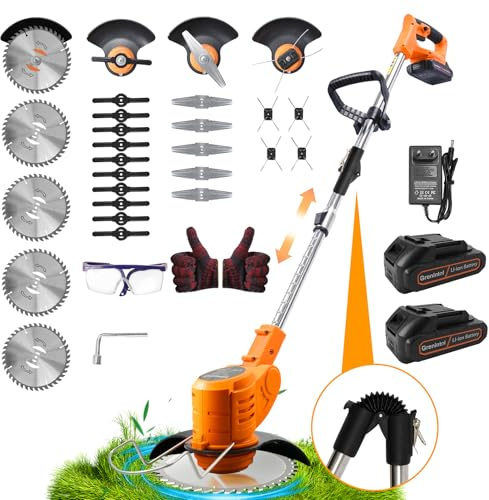 Decespugliatore a Batteria, Tagliabordi a Batteria, Decespugliatore Elettrico, Tagliaerba a Batteria con 2 batterie, 4 Tipi Lame,Testata Regolabile e Maniglia Telescopica Tagliaerba per Giardino