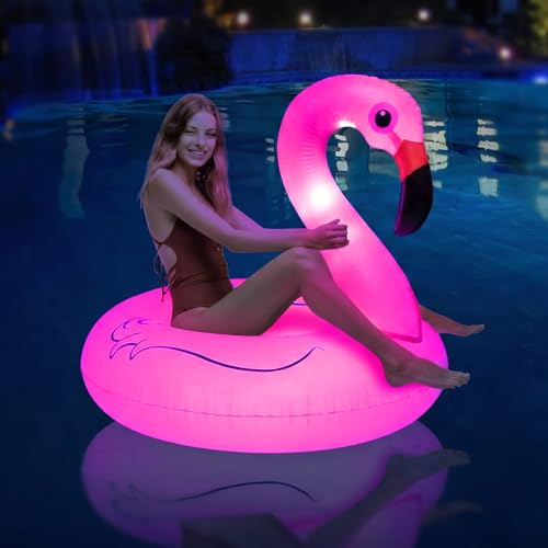 badaren Gonfiabile Piscina Galleggiante con Luci, Anello da Nuoto per Adulti,Fenicottero Gonfiabile,Adatto per l'Estate, Feste, Piscina, Spiaggia, 85x85x74cm (Flamencos)