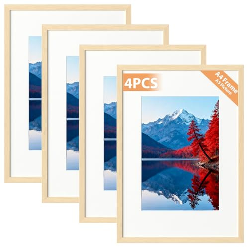 Alyvisun 4PCS A4 Wood Tone Picture Frames Horizontal Vertical | Fits 14 x 20 cm Photos with Mat or 19.7 x 29.3 cm Without Mat