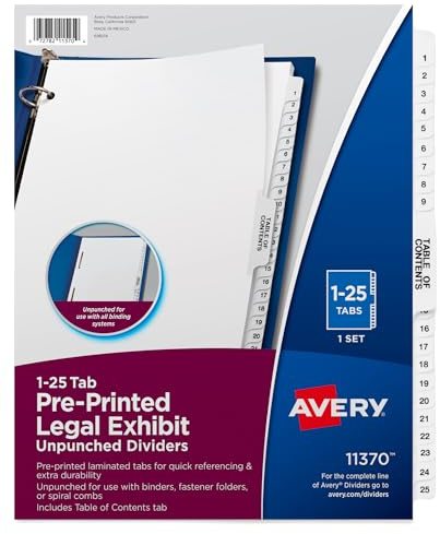 Avery Premium Collated Legal Exhibit Binder Dividers with Tabs, 1-25 and Table of Contents, 8.5 x 11 Inches, Binder Divider with Tabs, Avery Style (11370)