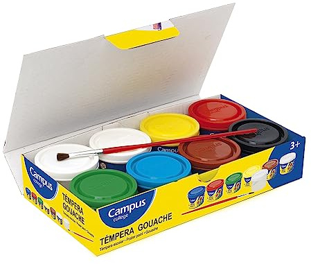 Campus College - Témpera Líquida de Colores Vivos para Manualidades y Murales, Pintura Gouache al Agua Lavable Apta para Cualquier Superficie (7 Colores + Pincel)