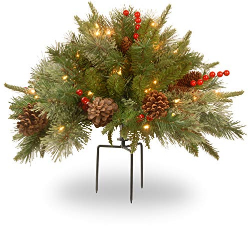 National Tree Company 18 in Pre-Lit Colonial Fir Artificial Christmas Urn Filler, Christmas Decoration with Pinecones, Red Berries, 35 Clear LED Lights, 167 Tips, Timer, Tripod Stake, Green