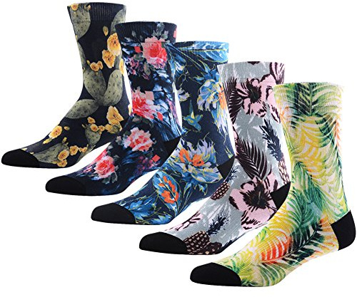 Novelty Awesome Crew Athletic Socks for Men, MEIKAN Colorful Floral Flower Plant Fancy Design Printed Mid Calf Socks ,5 Pairs Color 2,One Size