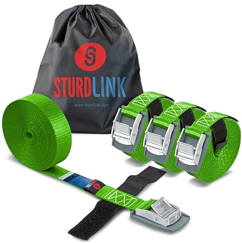 Juego de 4 Pequeñas Correas de Sujeción 4m 25mm 250kg con Hebilla Rápida y Sistema para Atar 4m + Bolsa, para Bicicletas, Porta Equipajes Coches Techo, Remolques, Surf, Canoas, Carga, Camping