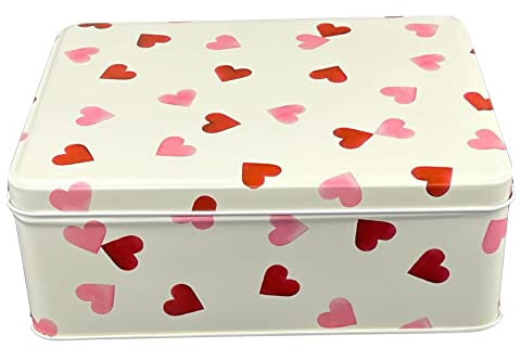 MediMuc Presentburk design Emma Bridgewater - kärleksfullt utformad rektangulär förvaringsburk - motiv rosa hjärtan - plåtburk, kakburk, burk - mått L x B x H 19,5 x 15,4 x 7,5 cm