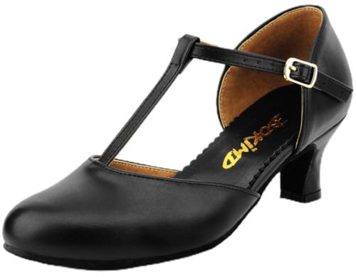Bokimd Womens T-Strap Latin Salsa Ballroom Dance Heels Black Character Shoes Prom Wedding Dress Pumps (8.5 / Black)
