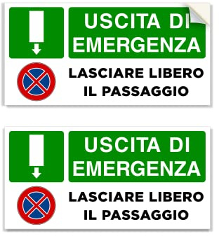 2 Cartelli adesivi in vinile per Uscita di Emergenza Lasciare Libero il Passaggio, dimensioni: 30x15 cm, con simbolo divieto di sosta e di fermata.